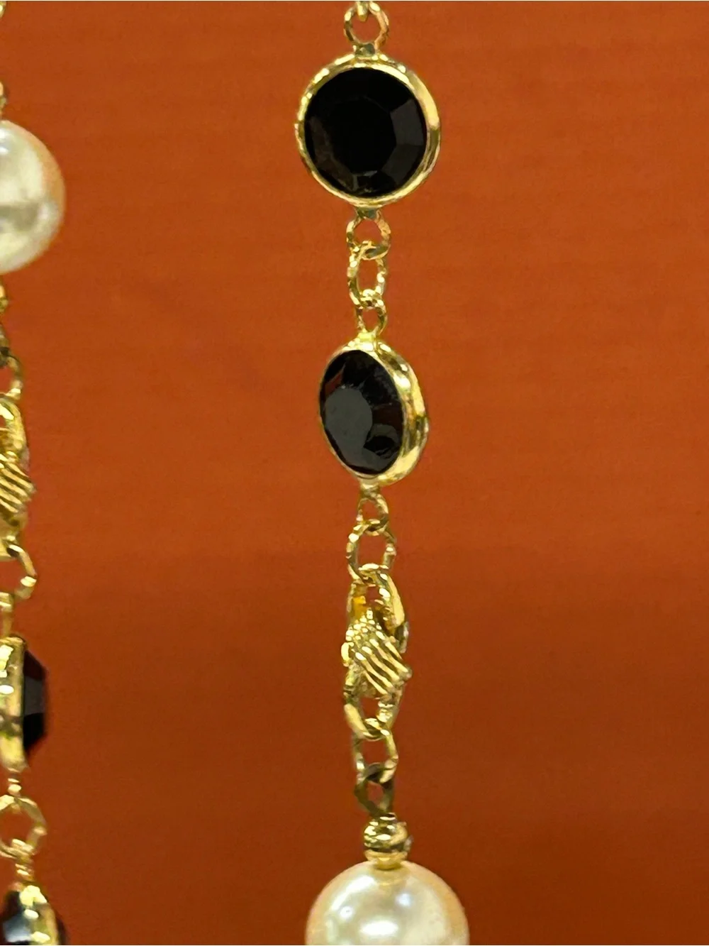 Gorgeous vintage Swarovski long layering necklace black crystal and faux pearls.